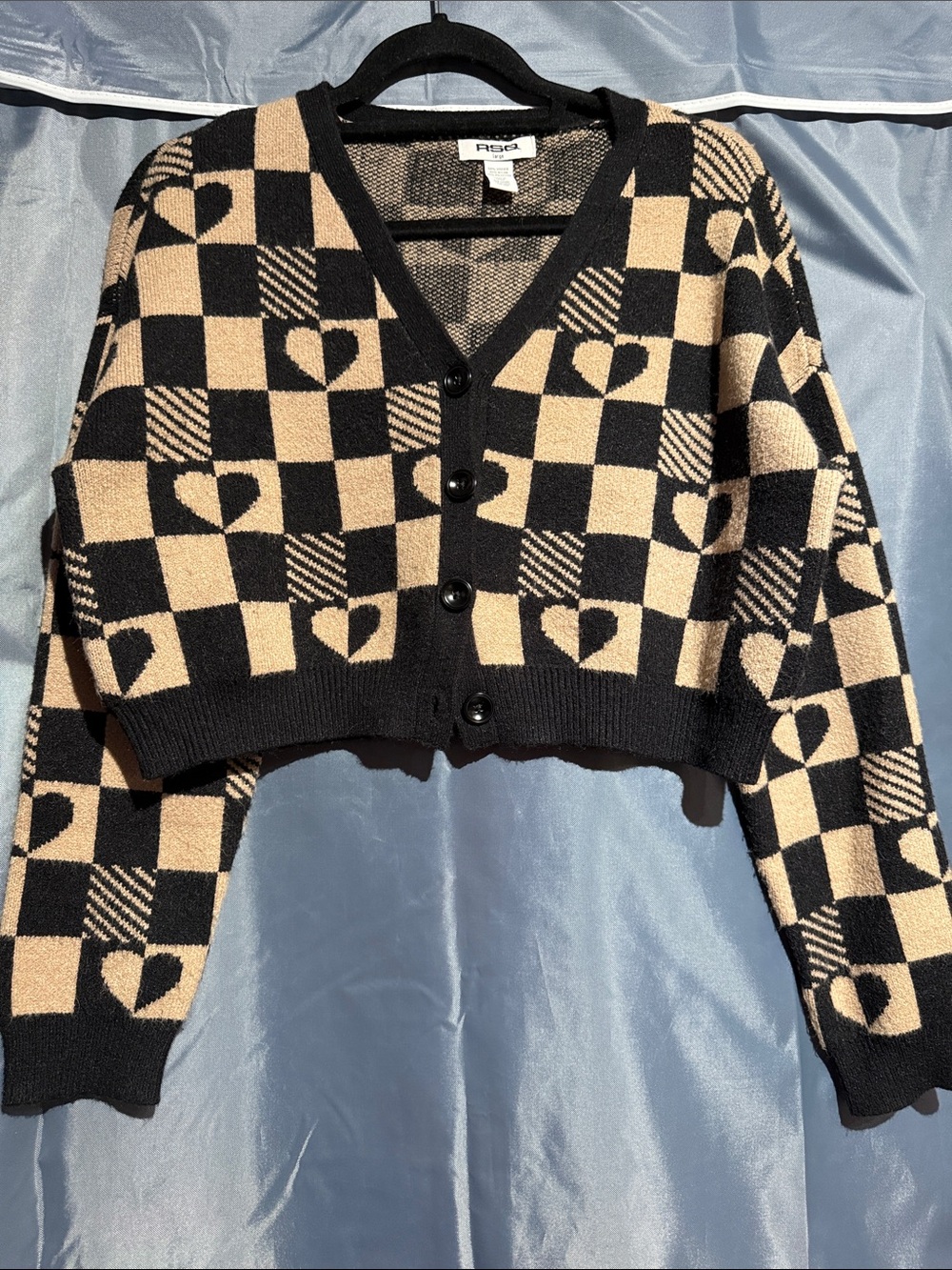 RSQ Black & Beige Checkered Heart Cropped Cardigan
